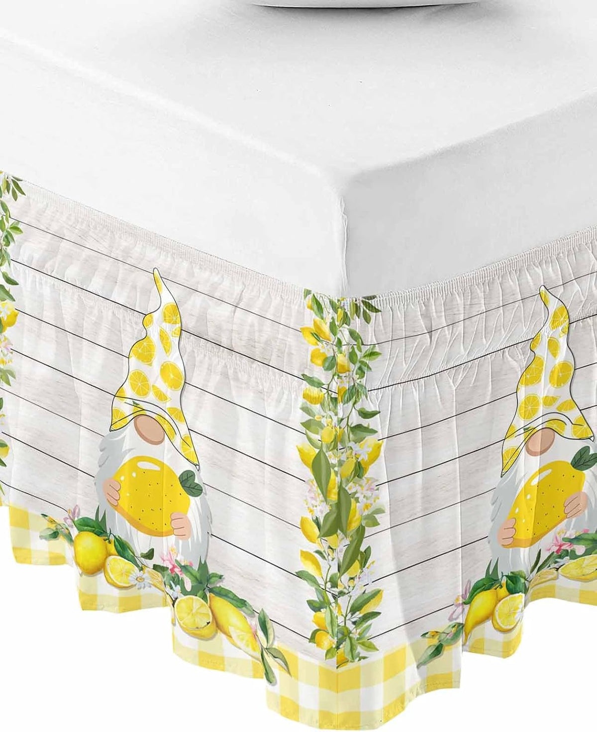 Lemon Gnomes Bed Skirt Queen Size 16 Inch Drop, Adjustable Elastic Wrap Around Bed Skirts Easy Fitting Dust Ruffle Bedskirt Bed Frame Cover Summer Country Yellow Fruit Wooden Plaid