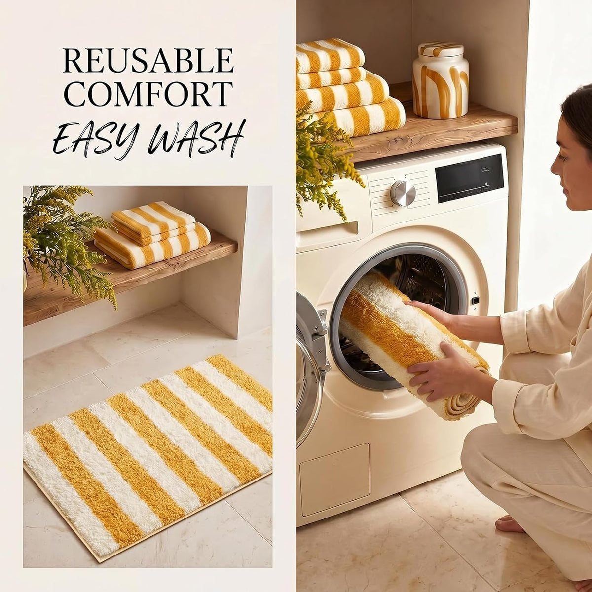 Yellow and White Striped Bathroom Rug, 24"x16" Absorbent Bath Mat