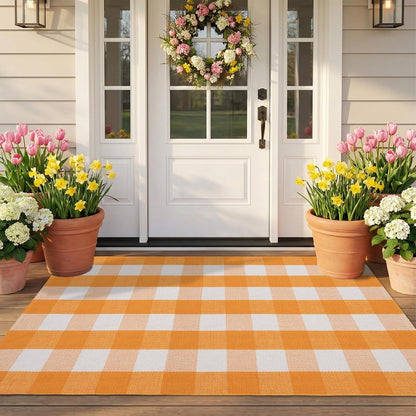 Spring Yellow and White Plaid Rug, 2'4" x 3'7" Cotton Blend Layered Doormat Rug for Front Door, Hand-Woven Washable Entryway & Porch Decor