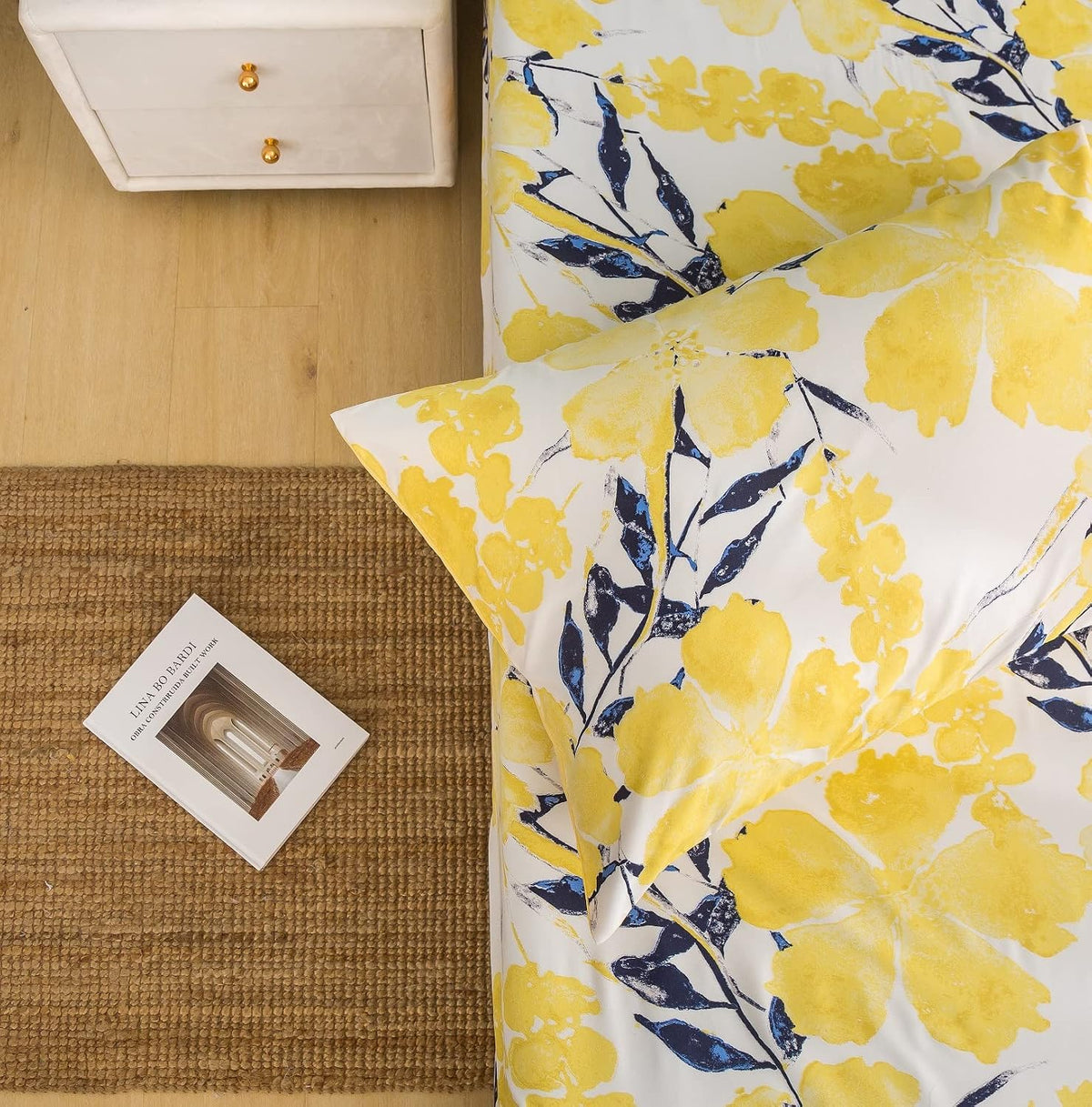 Tache Contemporary Watercolor Nature Spring Print Leaves Floral Bright Light Yellow Ivory Black Navy Blue Soft Microfiber Top Flat Sheet, King
