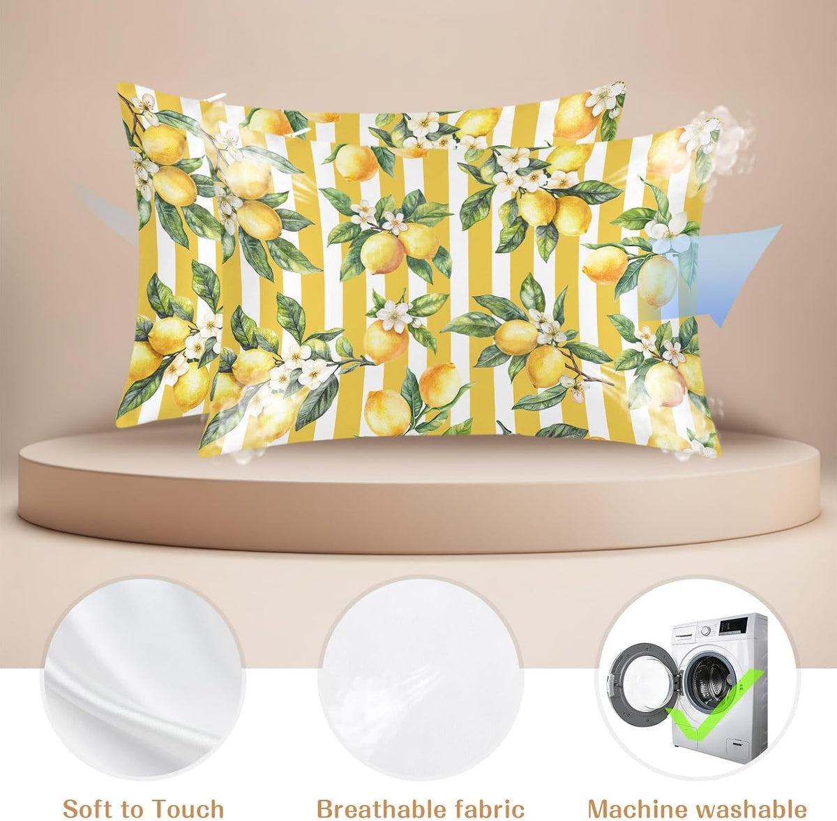 Lemon Leaves Pillow Cases Standard Size Set of 2, Yellow Vertical Stripes Spring Flowers Satin Pillowcase with Zipper for Hair/Skin, Decorative Pillow Covers for Bed/Couch/Sofa, 20x26 Inches