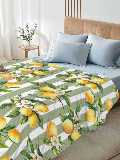Twin Flat Sheet Only,Vintage Farm Lemon Flowers Top Sheet Breathable Soft Brushed Polyester Microfiber Bed Sheets,Yellow Fruit on Sage Green Stripe Hotel Luxury Bedding Sheets for Women,Men,Teens