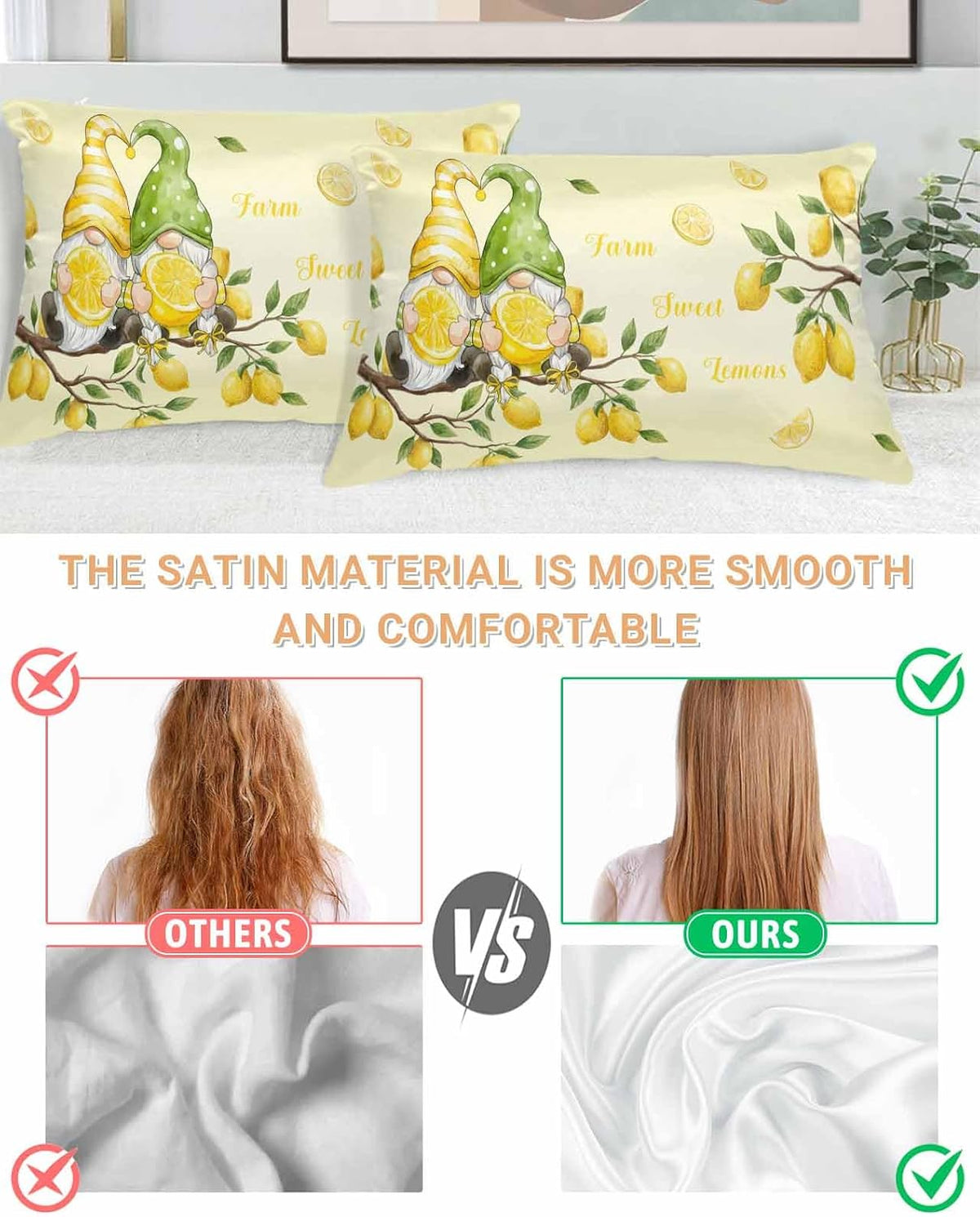 Satin Pillowcases Standard Size, Lemon Gnomes Silk Pillow Cases for Hair and Skin with Zipper 2 Pack, Summer Tropical Fruits Lemon Yellow Smooth Throw Pillow Covers for Sleeping, 20"x26"
