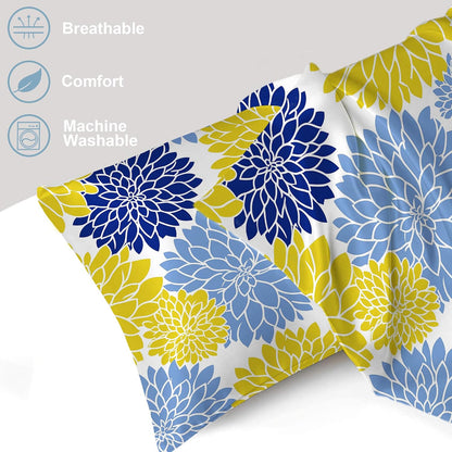 Yellow Navy Blue Flower Satin Pillowcase for Hair and Skin 1 Pack,Soft and Cooling Similar to Silk Pillow Cases with Hidden Zipper, Gift for Women Men(20"x30" Queen Size