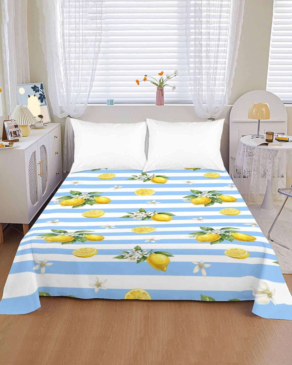 Queen Size Top Sheet Only, Summer Lemon Flower Leaf Flat Sheet Microfiber Breathable Soft Bed Sheets, Yellow Fruit Blue White Stripe Hotel Bedding Flat Sheets for Bedroom