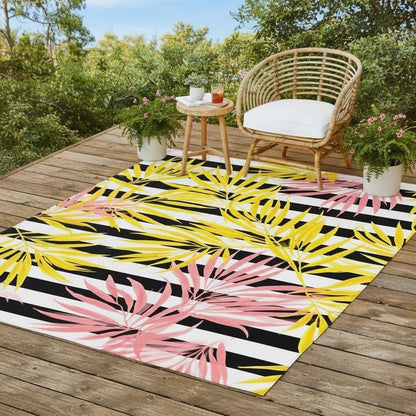 Yellow Pink Leaf Indoor Outdoor Rugs for Camping Patio Balcony Backyard Nursery Black and White Striped Rug 5x8 Garden Pool Front Yard Home Entrance Durable Anti Slip Tropical Area Rug