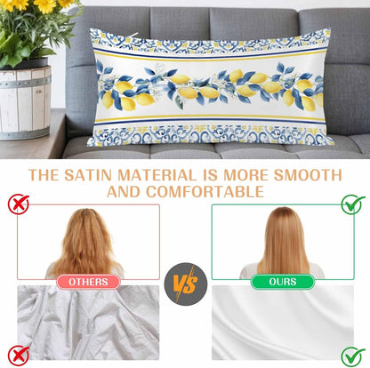 Lemon Floral Satin Pillowcase for Hair and Skin, Moroccan Lemon Yellow Blue Stripes Floral Silky Pillow Cases Standard Size with Zipper 1 Pack Soft Cooling Pillow Cover for Women Men, 20''x40''