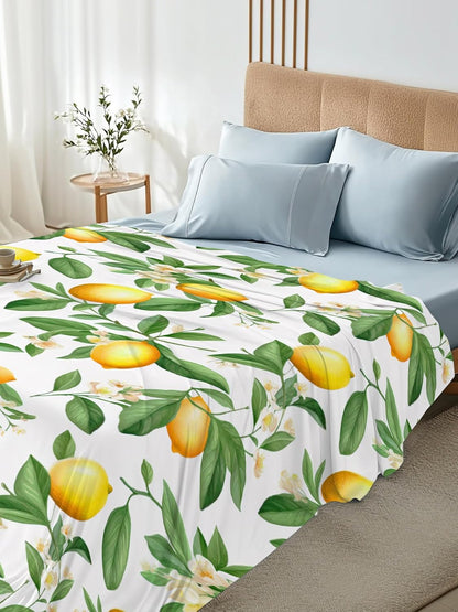 Flat Sheet, 1 Piece Top Sheet Twin Size Yellow Lemon Leaves Soft Breathable Bed Sheet White Floral Brushed Microfiber Bed Sheet, Wrinkle Resistant, Fade Resistant Bedding
