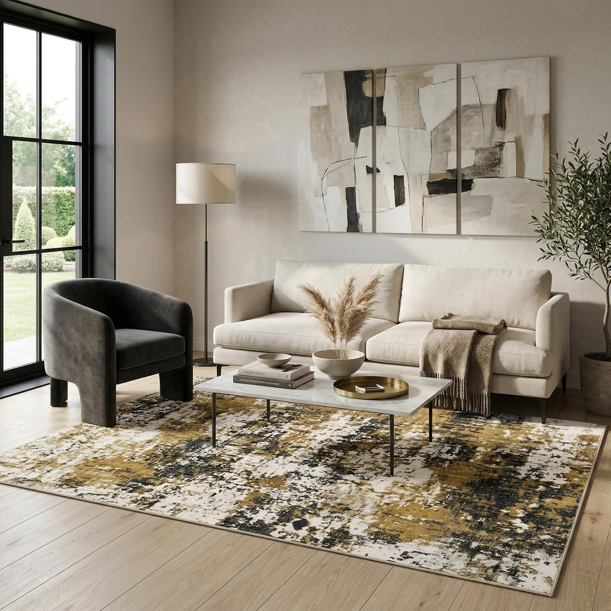 Yellow and Grey Area Rug 5x7, Contemporary Abstract Rugs Washable Non Slip Distressed Modern Carpet for Living Room Bedroom