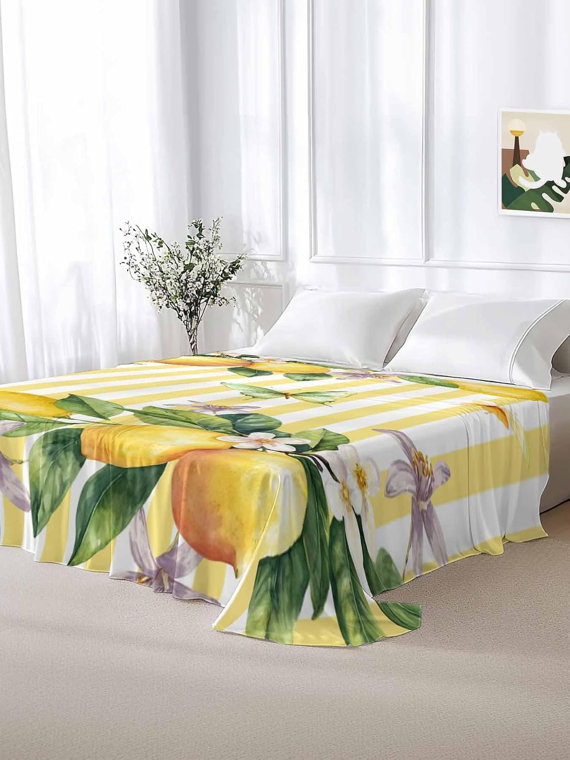 Flat Sheets Queen Size Bedding Sheet,Lemon Fruits Floral Leaves Soft Microfiber Breathable Top Sheets for Bedroom Hotel Luxury-1 Bed Flat Sheet Only,Yellow Stripes