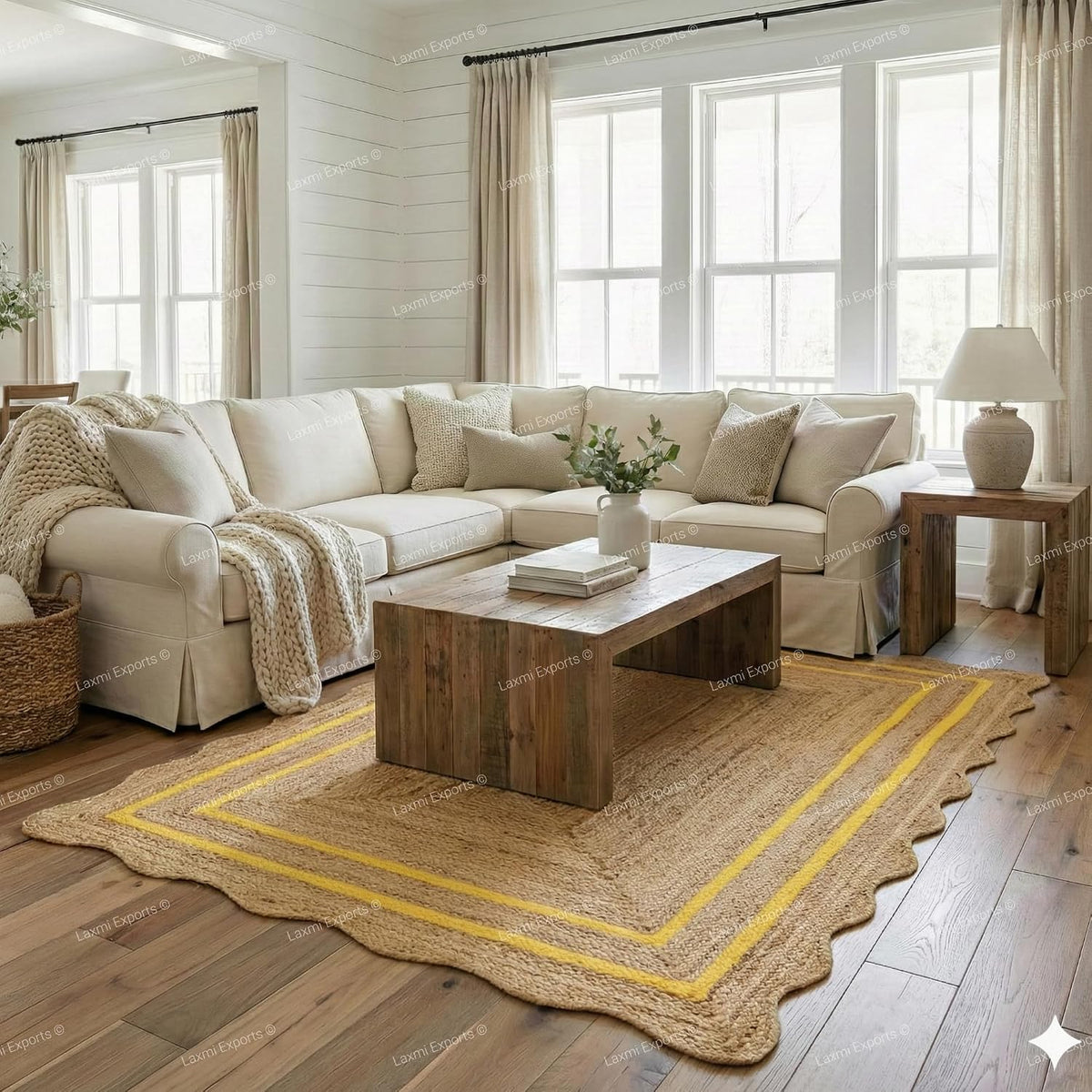 Natural Jute Wave Scalloped Area Rug 2x12 Ft - Yellow Runner Stripe Rugs for Home & Kitchen, Handmade Carpet, Natural Jute Hallway Large Rectangular Area Rug