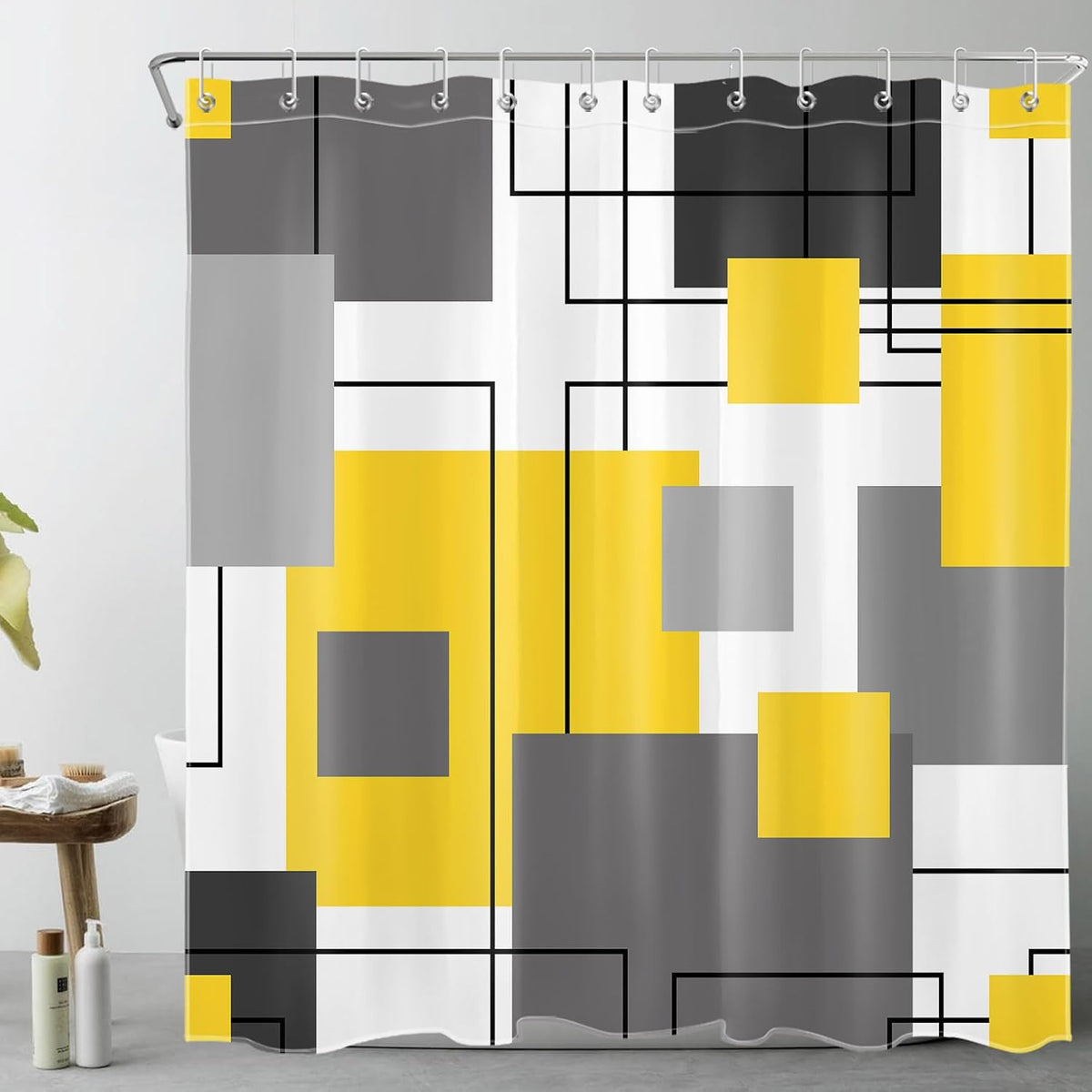Grey and Yellow Geometric Shower Curtain Sets with Rugs Abstract Minimalist Modern Fabric Shower Curtain with Hooks Black and White Striped Bathroom Curtains Shower Set, 70x70 inches